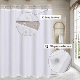 MitoVilla No Hooks Required Boho Farmhouse Shower Curtain with Snap-in Liner, Taupe Cotton Linen Fabric Shower Curtains with Tassels for Rustic Neutral Bathroom Decor,72 x 74