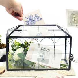 Gimotar LargeBlack and Glass Card Box for wedding with Lock and Slot - Wedding Envelope Card Holder for Reception Clear Lock Box with Key Geometric Handmade Vintage Card Box for Wedding Party (Large-Black)