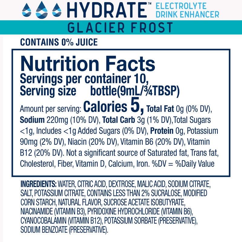 Hydrate Electrolyte Liquid Drink Enhancer Drops, Low Sugar, Low Calorie,