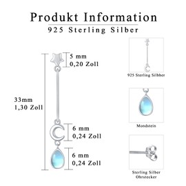 Star and Moon Earrings 925 Sterling Silver Moonstone Stud Earrings Hypoallergenic Earrings Crescent Moon Jewellery Gift for Women Girls