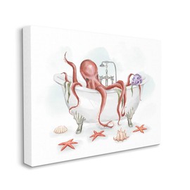 Stupell Industries Red Octopus Nautical Claw Bath Sea Shells, Designed by Ziwei Li Canvas Wall Art, Grey, 24x30