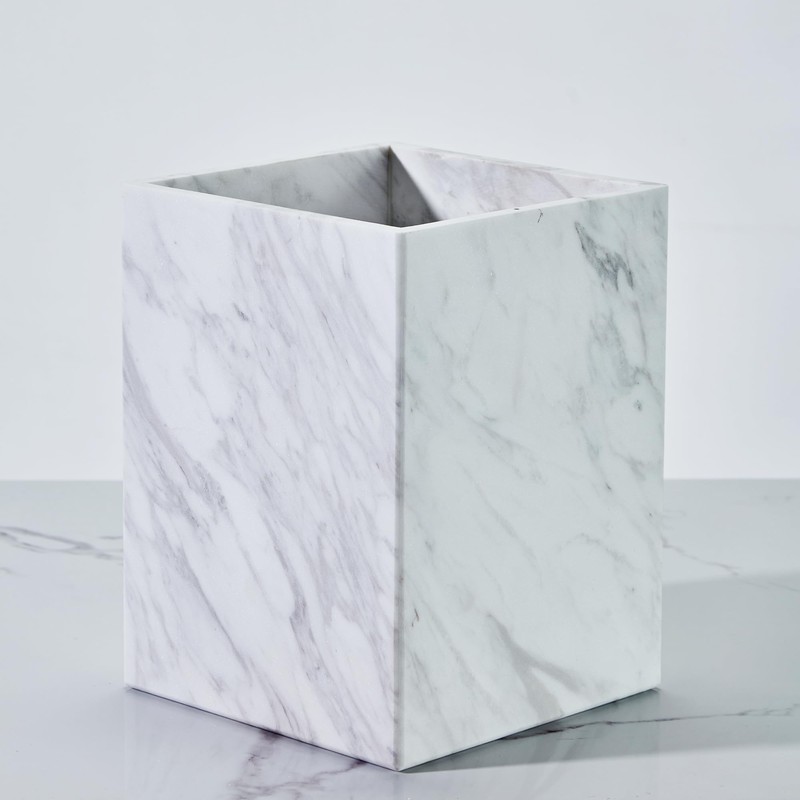 Natural White Marble Wastebasket, Elegant Texture Rectangular Trash Can, Luxury