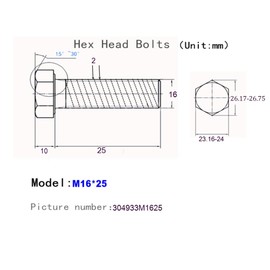 M16*25(2pcs) Hex Head Bolts Hexagon Screws, Stainless Steel 18-8 (304), Plain Finish, Fully Threaded,DIN933