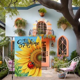 Hello Summer Sunflowers Garden Flag 12x18 Inch Small Burlap Double Sided, ladybird Home Yard Outdoor Lawn Decor Rustic Farmhouse Flags Decorations
