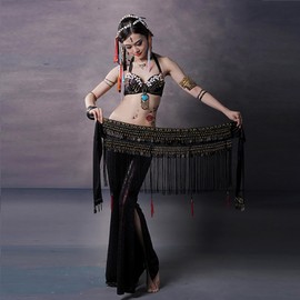 Baisdan Belly Dance Hip Scarf, Tribal Belly Dance Belt Skirt with Tassel Fringe Coins Flannel Shawl Wraps Belts for Women and Girls Black L