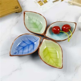 Winlauyet 4 Pcs Ceramic Sauce Dishes Dip Bowls with Spoon Leaf-Shape Mini Bowl Set Dish Tableware Condiment for Sushi Tomato Sauce, Soy, BBQ-Chip and Serving Bowl Set
