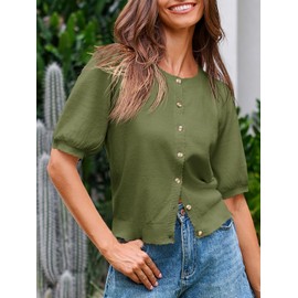 Saodimallsu Womens Puff Short Sleeve Cardigan Lightweight Summer Button Down Shirts Knit Crew Neck Sweater Tops Army Green