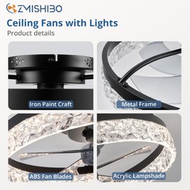 ZMISHIBO 19.7" Ceiling Fans with Lights, Low Profile Ceiling Fan and Remote, Flush Mount Ceiling Fans, Stepless Dimmable LED Light, Black Fixtures for Bedroom, Living Room