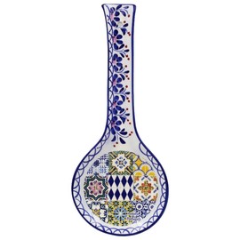 Made in Portugal Traditional Tile Azulejo Multicolor Ceramic Spoon Rest Utensil Holder - Saudade Collection: Handcrafted, Floral Border, 10"" Length - Perfect for Kitchen Decor, White