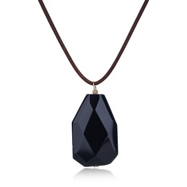 COAI Men's Leather Necklace, Faceted Black Obsidian Pendant Necklace for Men