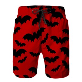 Mens Quick Dry Swim Trunks with Mesh Lining,Bat Seamless Pattern on red,Summer Surf Long Beach Pants Board Shorts Bathing Suits L
