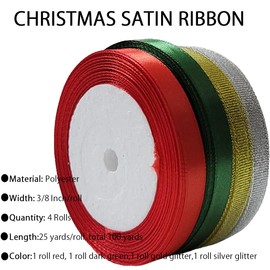 Christmas Ribbon 4 Rolls 100 Yards, 3/8 Inch Gold Silver Glitter Sparkly Ribbon for Christmas Trees Ornaments, Red Dark Green Satin Ribbon for Gift Wrapping, Wreath Bows Making, Gift Tags, DIY Crafts