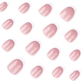 24 Pcs Oval Press on Nails Short Almond Nail Tips,YEFIUO Pink Fake Nails Press ons White French Glue on Nails Summer Glossy Acrylic Nail Art Kit Full Cover False Nails with Glitter Design for Ma'am