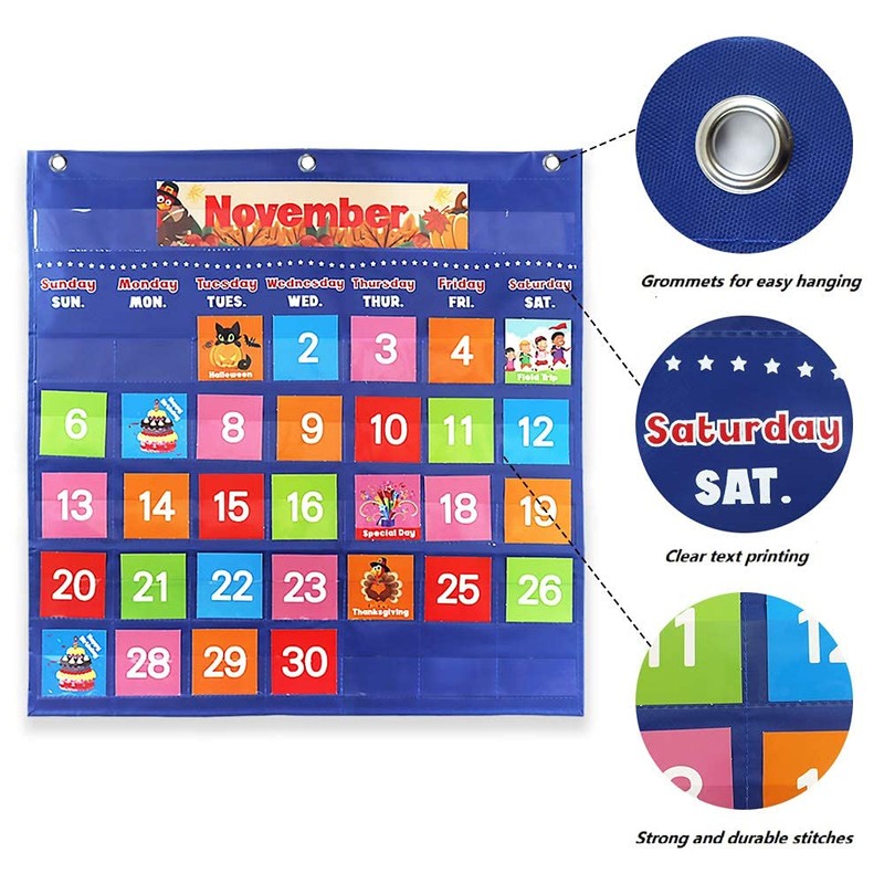 Large Classroom Calendar Pocket Chart with 88 Colorful cards-Durable Nylon