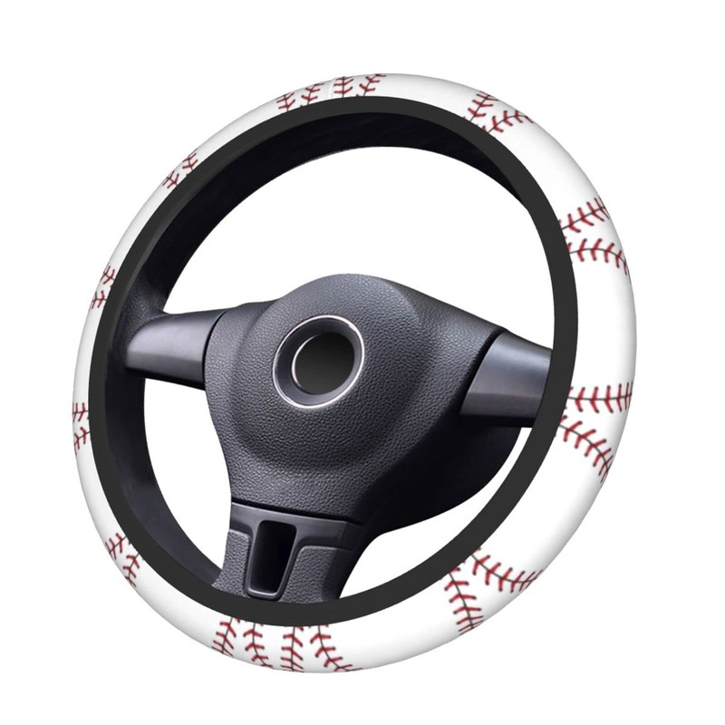 White Baseball Red Lace Steering Wheel Cover, Non Slip Durable