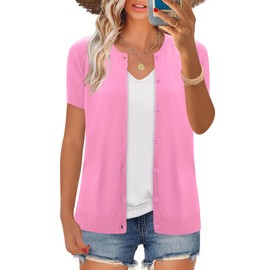 FreshNight Short Sleeve Cardigans for Women Crochet Summer Sweater Pink Cardigan Business Casual Outfits for Women Pink L
