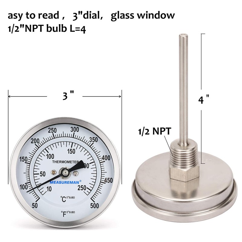 MEASUREMAN Fully Stainless Steel Bimetal Dial Thermometer, 3" Dial, 4"