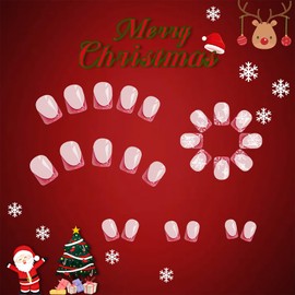LOPMNGHT Christmas Red French Press on Nails Short Square Snowflake False Nails Winter Xmas Acrylic Nails Reusable Glue on Nails Full Cover Glossy Stick on Nails for Women Featival Artificial Nails