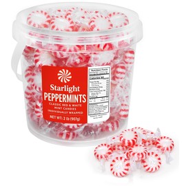 Starlight Peppermint Candy 2lb Bucket - Individually Wrapped Mints for Valentine’s Gift Bags & Easter Baskets - Red & White Bulk Hard Candy for Office Bowls & Christmas Treats (Approx 160 Pcs)