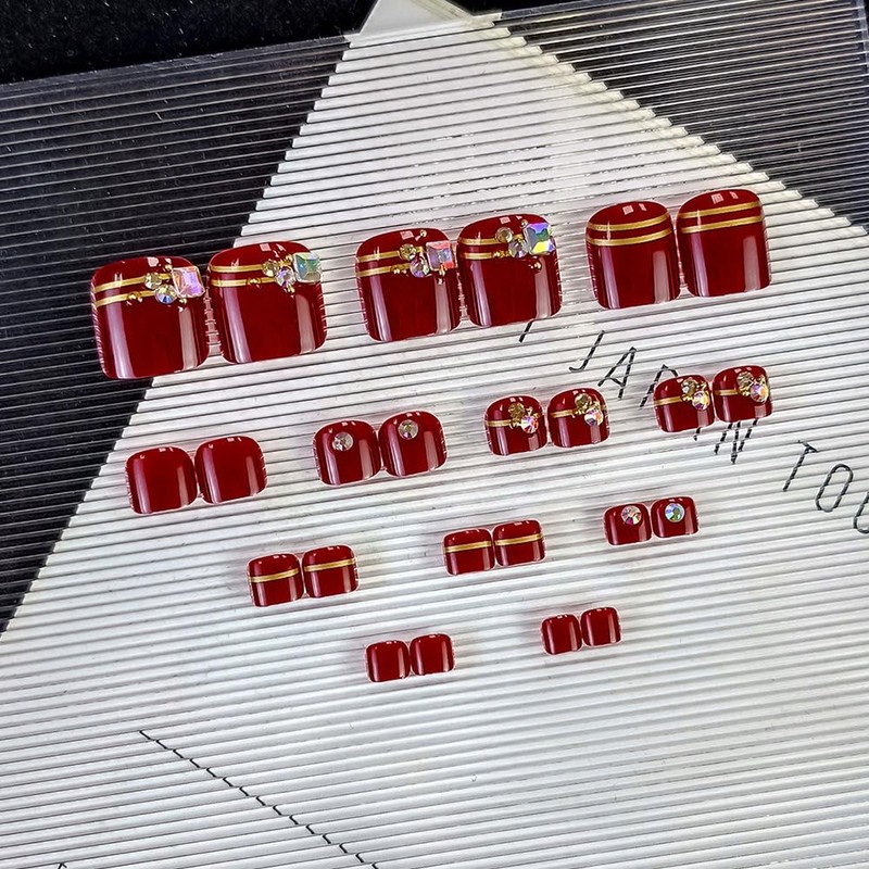 24Pcs Wine Red Press on Toenails for Women Summer Short