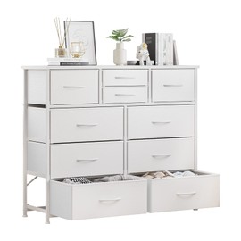 LUMTOK 10-Drawer Dresser, Fabric Storage Dressers Drawers for Bedroom, Hallway, Nursery, Closets, Steel Frame, Wood Top, Easy Pull Handle (White)