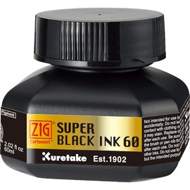 Kuretake ZIG CARTOONIST SUPER BLACK INK 60ml for Dip pen, Calligraphy, Lettering, Illustration, Drawing, Inking Art, Cartooning, Professional quality, Made in JAPAN (SUPER BLACK INK)