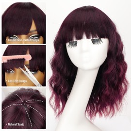 Nnzes Wig Bangs Wine Red and Black Short Wavy Hair for Women Natural Looking Heat Resistant Bob Wigs with Synthetic Wig for Daily Party Use