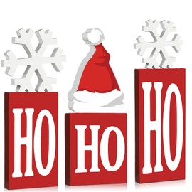 6 Pieces Christmas Ho Ho Ho Decoration Wood Table Centerpieces Sign Freestanding Christmas Wood Blocks Ornaments with Ho Decorative Word Block Signs Xmas Table Sign for Christmas Home (Snowflake)
