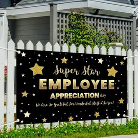 Printspree Employee Appreciation Banner - 70.8x43.3 Inch, Black and Gold "Super Star Employee" Design with Stars for Office Celebrations and Staff Recognition Events