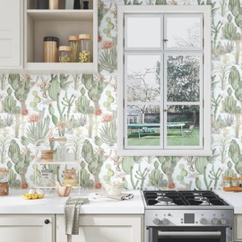 Fvlow Cactus Floral Wallpaper Peel and Stick Vintage Green Floral Contact Paper White Floral Wallpaper Waterproof Self-Adhesive Wall Covering for Bedroom Countertop Desk Cabinets Decor 17.4" x 118"