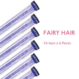 WENNALIFE Hair Tinsel Clip in Sky Blue Tinsel Hair Extensions for Girls Glitter Hair Tinsel Clip Ins Hair Accessories Heat Resistant Sparkle Strands Christmas Birthday Gifts for Girls 6pcs 24 Inch