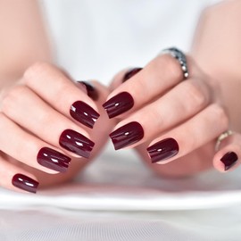 iMABC Press on Nails - Glossy Dark Claret Brown Red Fake Nail | Medium Square Glossy Lavender Solid False Nails | Glue Acrylic Decoration Manicure Gift for Girls Women Dating 24Pcs