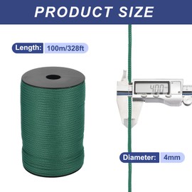 sourcing map 4mm Polypropylene Rope Braided Ropes, 100m Camping Rope Hollow Utility Cord for Clothesline, Hiking, Outdoor, Ink Green