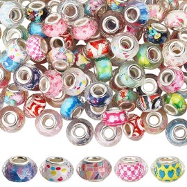 SOFPLATE 120Pcs Resin Rondelle Beads Large Hole European Lampwork Beads 14mm Colorful Faceted Loose Spacer Charms with Silver Brass Cores for Bracelets Necklace Keychains Pens Crafts Jewellery Making
