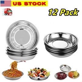Tsyware 12x Unbreakable Stainless Steel Round Plates 7" Dinner Plate Dish Camping Picnic
