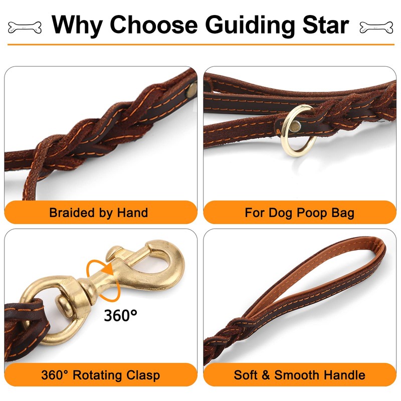 Guiding Star Double Handle Leather Dog Leash 6ft, Heavy Duty