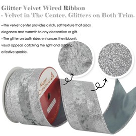 HUIHUANG Silver Wired Ribbon with Glitter Stripe 2.5 inch Silver Velvet Christmas Ribbon for Trees, Bows Making, Wreath Supplies, Gift Wrapping, Garlands, Home Decor, Crafts -10 Yards