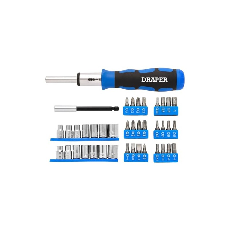 Draper 21010 Ratchet Screwdriver Socket and Bit Set, 1/4" Sq.