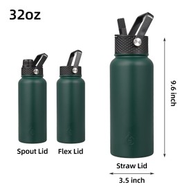 BJPKPK Insulated Water Bottles with Straw Lid, 32oz Metal Large Water Bottle with 3 Lids, Reusable Leak Proof BPA Free Thermo, Stainless Steel Tumblers for Sports, Gym, Travel-Army Green