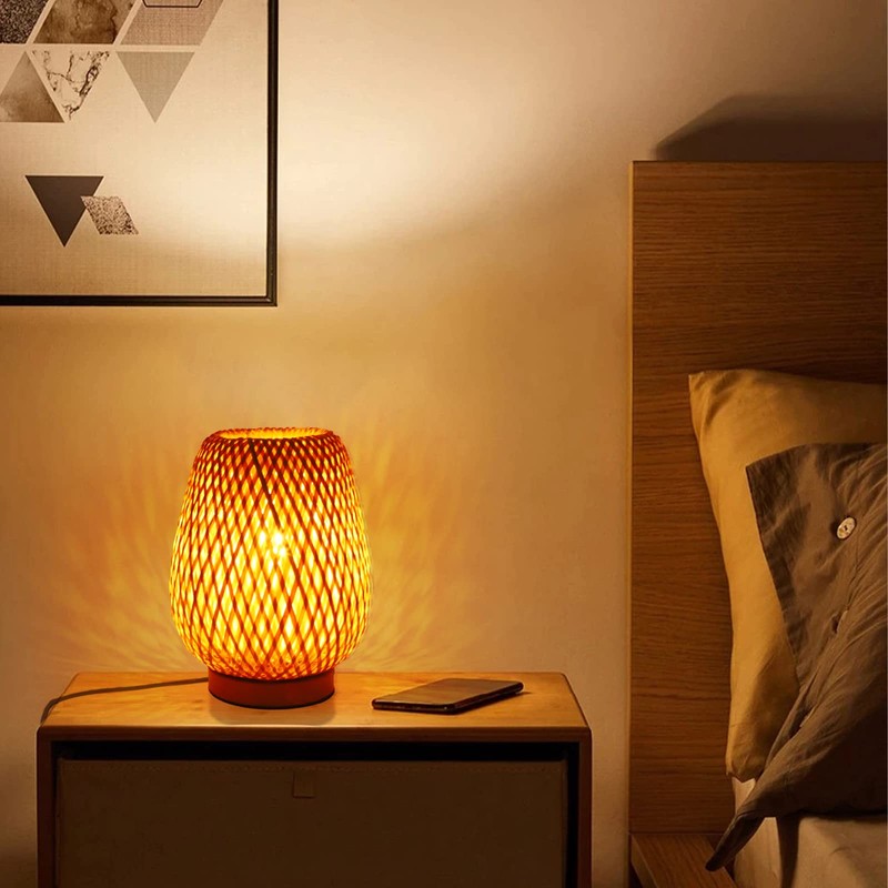 Schindora Handmade Boho Bamboo Small Table Lamp Willow Woven Desk
