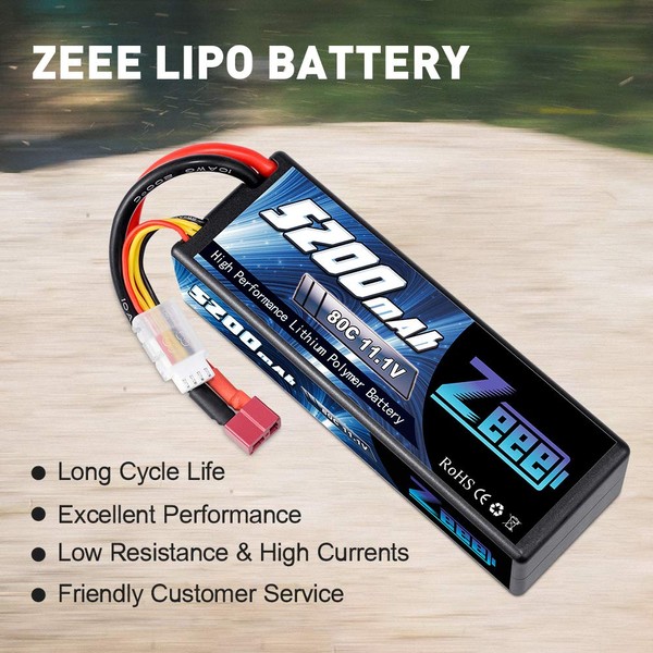 Zeee 3S Lipo Batterie 5200mAh 11,1V 80C Hard Case Batterie avec connecteur T pour FPV Racing Drones Hélicoptère RC Evader BX Auto Car Truck LKW Truggy RC Hobby (2 Paquets)
