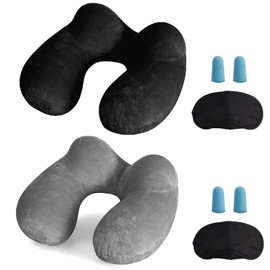 LUZWAY Inflatable Travel Pillow Neck Pillow Kits Ergonomic Soft Velvet Washable Pillowcase with Ear Plug and Eye Mask, Lightweight Sleeping Rest Cushion for Airplane, Car, and Train（2 pack）