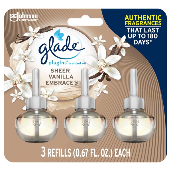 Glade PlugIns Refills Air Freshener, Scented and Essential Oils for Home and Bathroom, Sheer Vanilla Embrace, 2.01 Oz, 3 Count