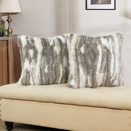 BYTIDE Jacquard Faux Fur Decorative Square Throw Pillow Covers 20 x 20 Inches Set of 2, Furry Fluffy Plush Soft Luxury Cushion Case Pillowcase for Couch Bed Car Bedroom Living Room, Grey White
