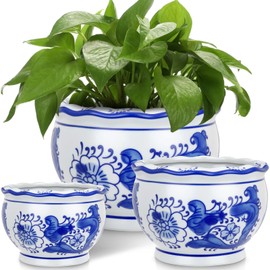 Briwooody Set of 3 Blue and White Porcelain Flower Pots 7.2'' 6'' 4'' Decorative Chinoiserie Plant Pots with Drainage Hole Saucers Ceramic Planters for Indoor Garden(Elegant Style)