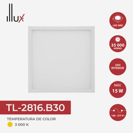 ILLUX Lámpara LED cuadrado slim para sobreponer en techo, 15W, 3000K Mediano TL-2816.B30