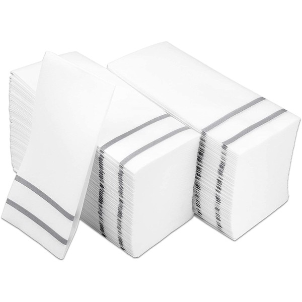 Fete Decorative Hand Towels, Silver Design 200 Disposable Linen-Feel Guest Towels – Formal Dinner, Anniversary, and Wedding Napkins for Tables, Guestrooms, and Restrooms - 8.5x 4-Inches Folded,