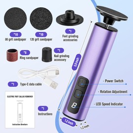 Inlisy 2 in 1 Professional Foot Callus Remover Rechargeable, 1000RPM Electric Foot Filer for Nails, Dead Skin and Calluses 9 Speed Adjustable, Foot Sander with Sandpaper Disk (Purple)
