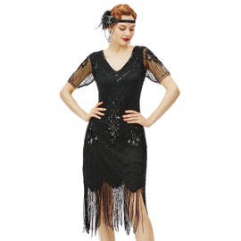 BABEYOND 1920s Art Deco Fringed Sequin Dress 20s Flapper Dress Gatsby Costume Dress Black