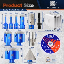 Diamond Core Drill Bit Set - BRSCHNITT Tile Hole Saw Kit 1/4" 5/16" 3/8" 4/5" 1-3/8"2" 2-1/2" & 4/5" Finger Bit & 2" Chamfer Bit for Porcelain Tile Ceramic Marble Granite & Diamond Blade